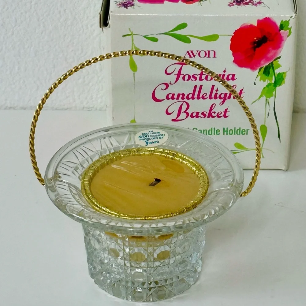 Rare Vintage 1970s AVON Fostoria Glass Candlelight Basket-Charisma Scent NOS